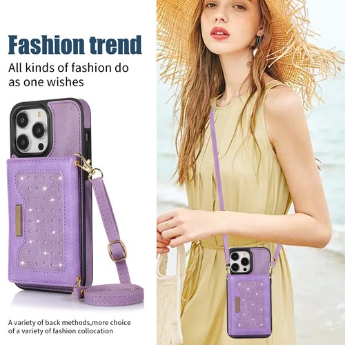 For iPhone 15 Pro Max 14 12 11 XR 8 Diamond Leather Wallet Lanyard Cover Case - Picture 9 of 72