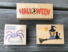 3 New HALLOWEEN RUBBER STAMPS / Wood / Witch Cat Broom Spider / Canadian Maple