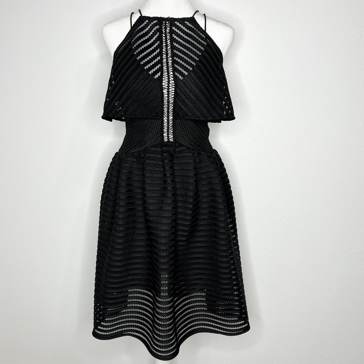 Self-Portrait Black Stripe Mesh Overlay Sleeveless Halter Flare Dress Sz 2  | eBay