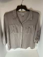 Womens blouse Worthington size PXL semi sheer taupe gold shimmer button down