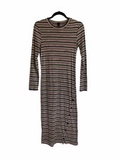 Wild Fable Micro Strip Long Sleeve Midi Sweater Dress Button Front Slit Size S