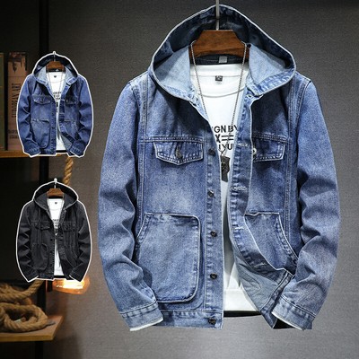 New Spring and Fall Men's Jean Jacket Tops Windbreaker Hooded Denim Jacket Coat