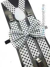 White w/ Black Polka Dot Bow Tie And Suspender Matching Set Tuxedo Wedding Party