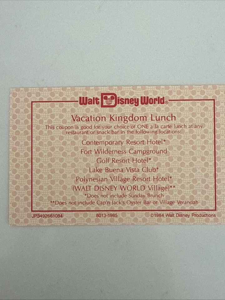 РЕДКИЙ винтажный детский билет 1984 ретро Walt Disney World Vacation Kingdom на обед - Изображение 2 из 4