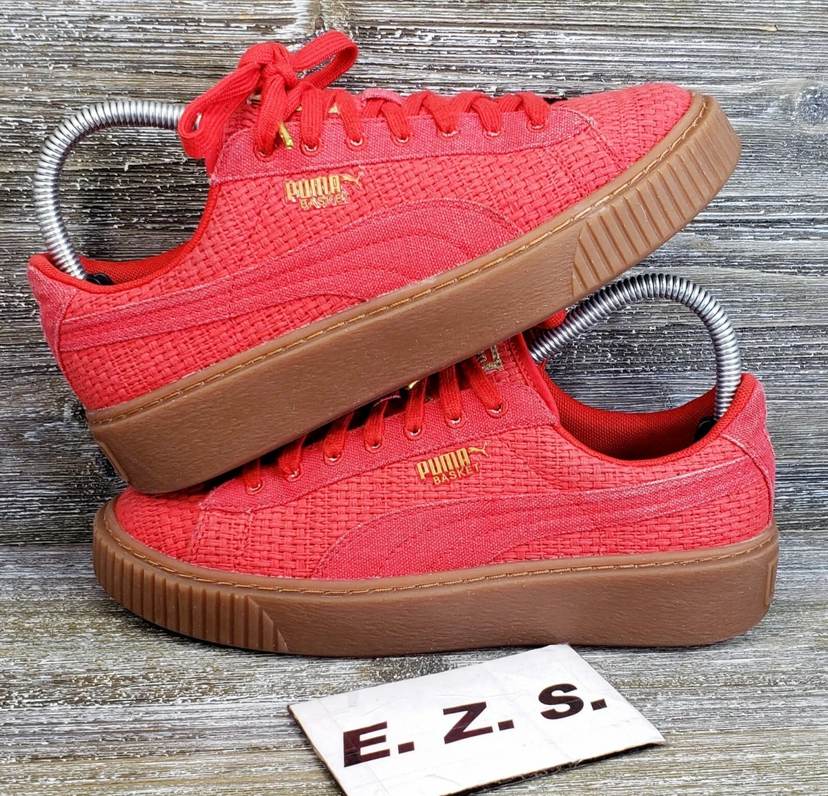 Puma Basket Platform Woven Red Gum Bottom Sneaker Shoes Size 7.5 Women