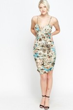 Brand New Blue Mixed Print Slinky Ruched Bodycon Dress One Size 8-10-12