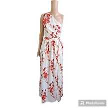 SILKY RED WHITE FLORAL 1 SHOULDER  MAXI DRESS SUNDRESS~S/L  ZIP