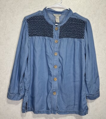 MULTIPLES Women's Chambray Blue Peasant Prairie Long Sleeve Lyocell Shirt SMALL