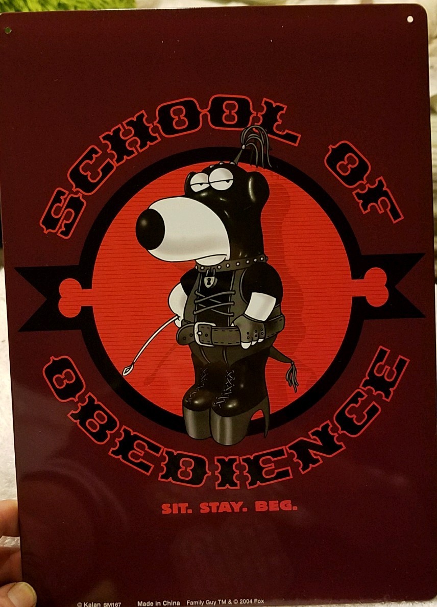 FAMILY GUY TIN SIGN BRIAN BONDAGE SCHOOL OF OBEDIENCE METAL MINT 8.5 x  12 | eBay