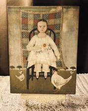 Primitive Folk Art Girl With Chickens & Quilt,  Handcrafted Plaque / Sign
