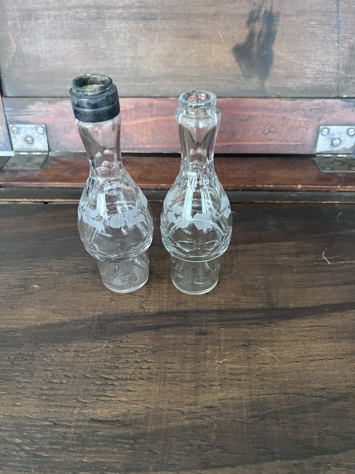 2 Old etched Antique Glass CASTOR SET CRUET BOTTLES one cap eBay