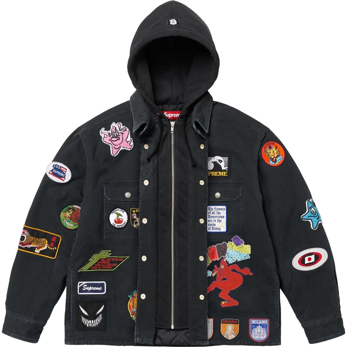 SUPREME PATCHES HOODED ZIP UP SHIRT (LARGE) (BLACK) SS25 PATCHES 6