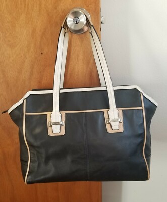 Auth COACH #26132 Leather Carryall Black/Ivory/Tan Taylor