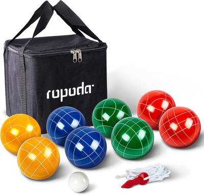 90Mm Bocce Ball Set with 8 Polyresin Balls, Pallino, Case and Measuring Rope for
