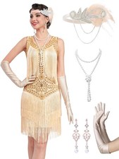 1920s Flapper Dresses for Women,Lace V Neck Great Gatsby Dresses Fringed Roar...