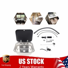 RV Caravan Camper Sink Stainless Steel Hand Wash Basin & Glass Lid & Faucet