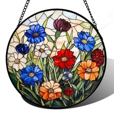 Stained Glass Suncatcher, Colorful Flowers 7.8x7.8 IN Blue and Red Wildflowers