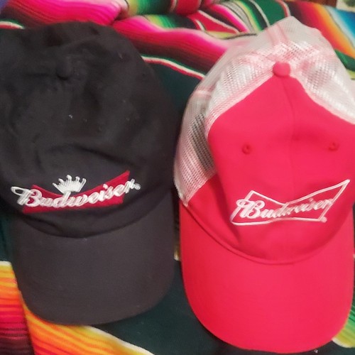 Budweiser Beer Logo Hats Lot of 2 Black Red Mesh Adjustable Beer swag