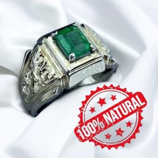 Men Silver Green Emerald Stone Ring, Square Hand Engraved Turkish Handmade Ring