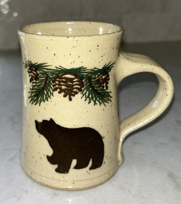 Boot Hill Studio Pottery Mug Artist Signed Black Bear / Pine Cones Speckled