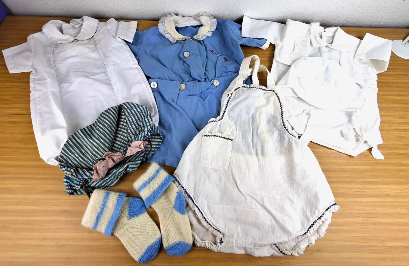 Vintage Baby Boy Doll Clothes 7 pc Lot One Pieces Socks Bonnet Outfits