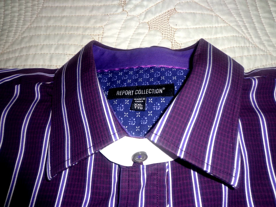 Report Collection Men’s Dress Shirt Geometric Sz 2XL Purple Striped 100% Cotton - Image 2 of 4