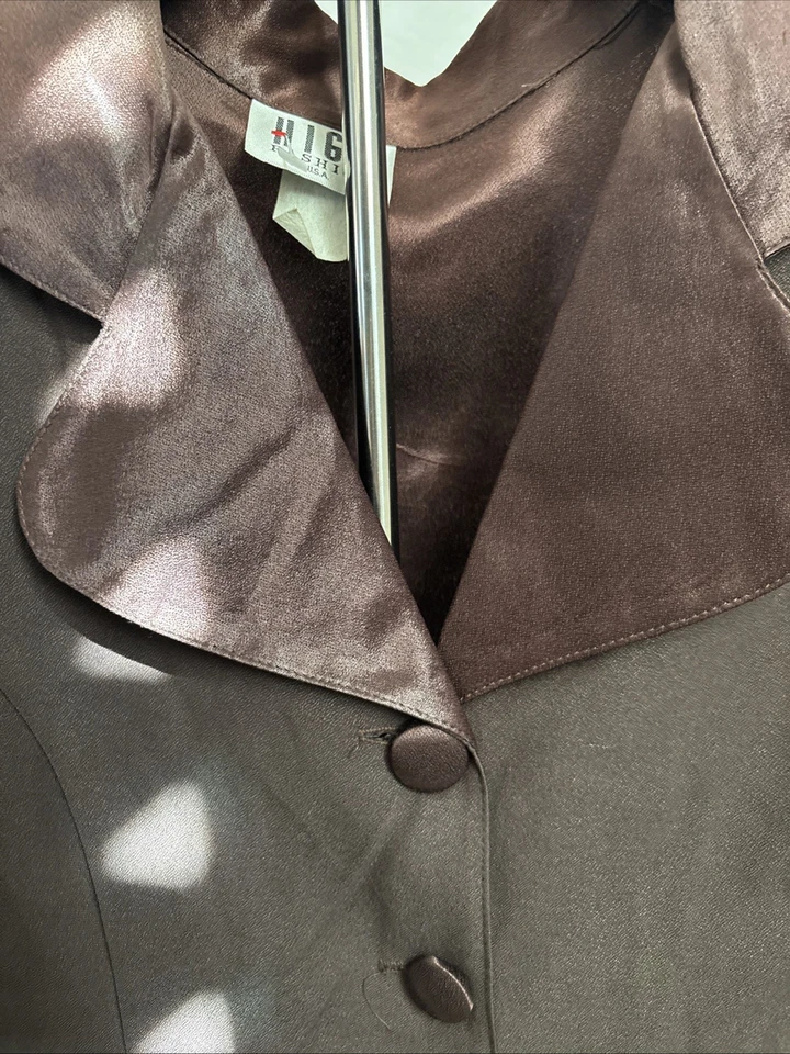 90s Vtg Brown Satin Lined Belt Waist Blazer Shoulder Pads Sz M Thrashed - Imagem 4 de 4