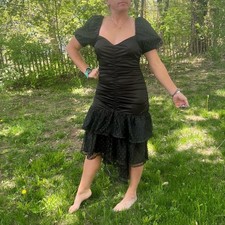 Vintage 80s Mayvens California black ruched lace ruffle tiered skirt prom dress