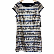 NWT Vince Camuto Sequin Stripe Sheath Dress 14 Gold Navy Cap Sleeve Party