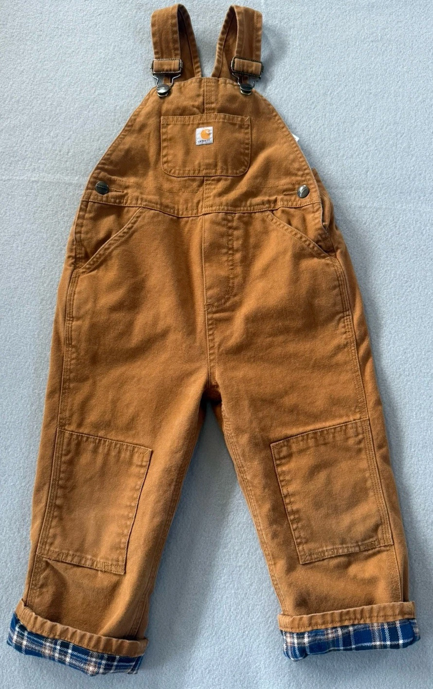 Carhartt Brown Camel Bib Overalls Plaid Flannel Lined Double Knee - Size 3T