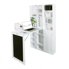 Foldable Convertible Desk with Large Storage Cabinet, Shelves & Chalkboard White