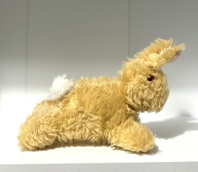 Vintage Glasäugen Hase Kaninchen liegend weiches Plüschtier 60 er / 70 s Ostern 