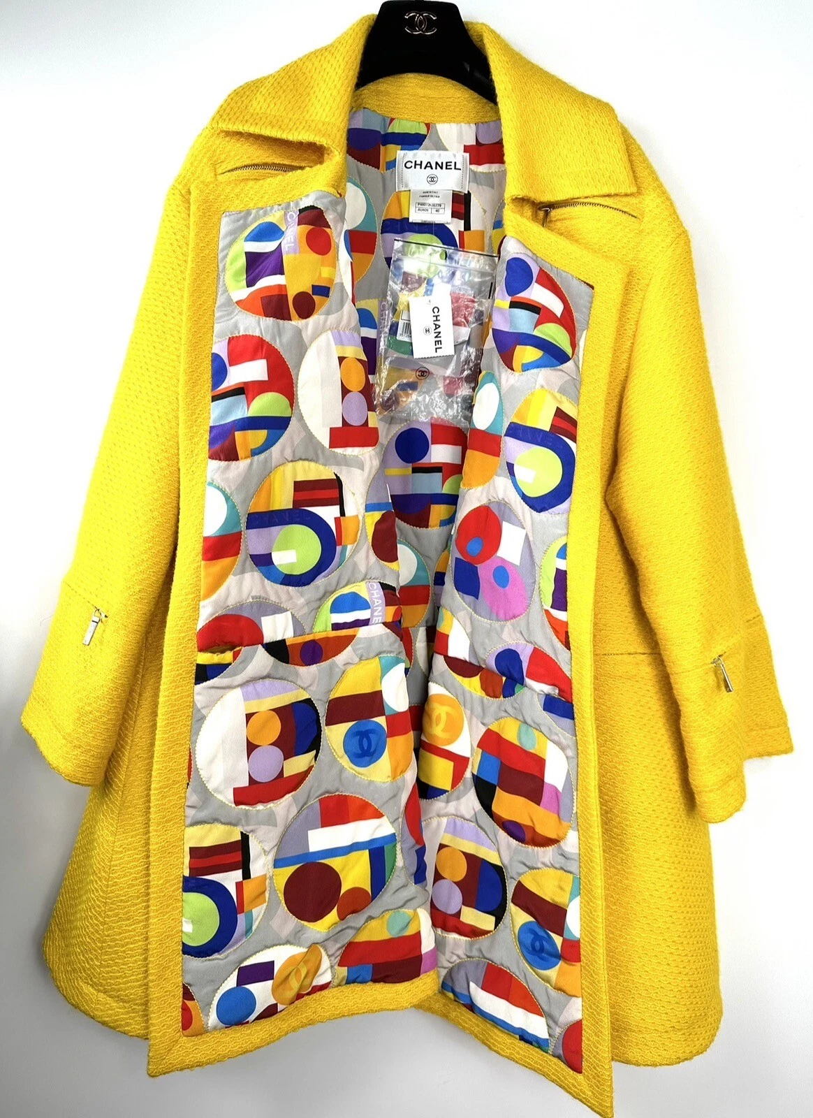 Cappotto 7K Chanel 2014 giallo tweed rovescio 42 44 46 8 10 12 14 giacca logo M L XL