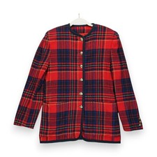 Vintage LIZ CLAIBORNE COLLECTION Red Cheqkered Plaid Wool Blend Blazer Size 8