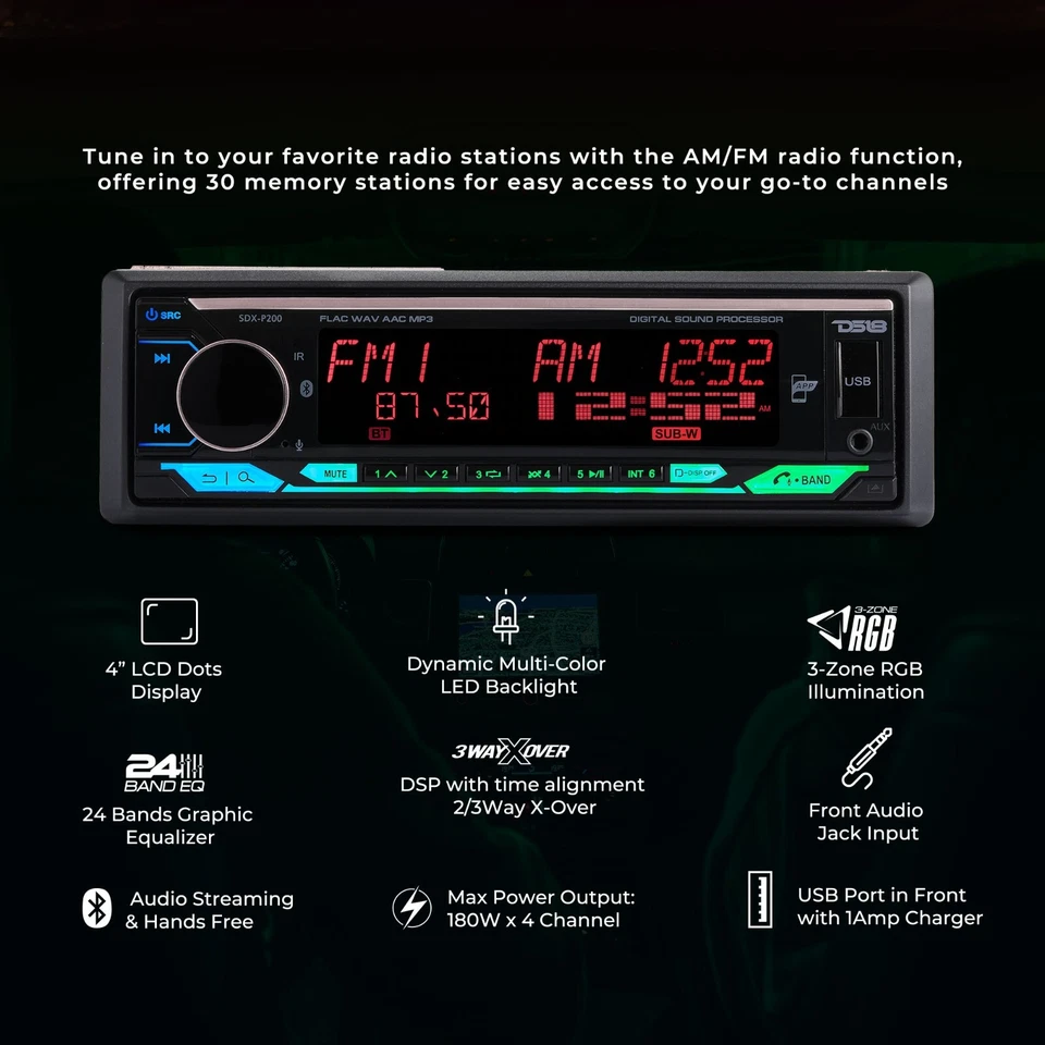 DS18 SDX-P200 Single Din Radio Headunit  240W RMS Bluetooth DSP USB/AUX/AM/FM - Image 3 of 4