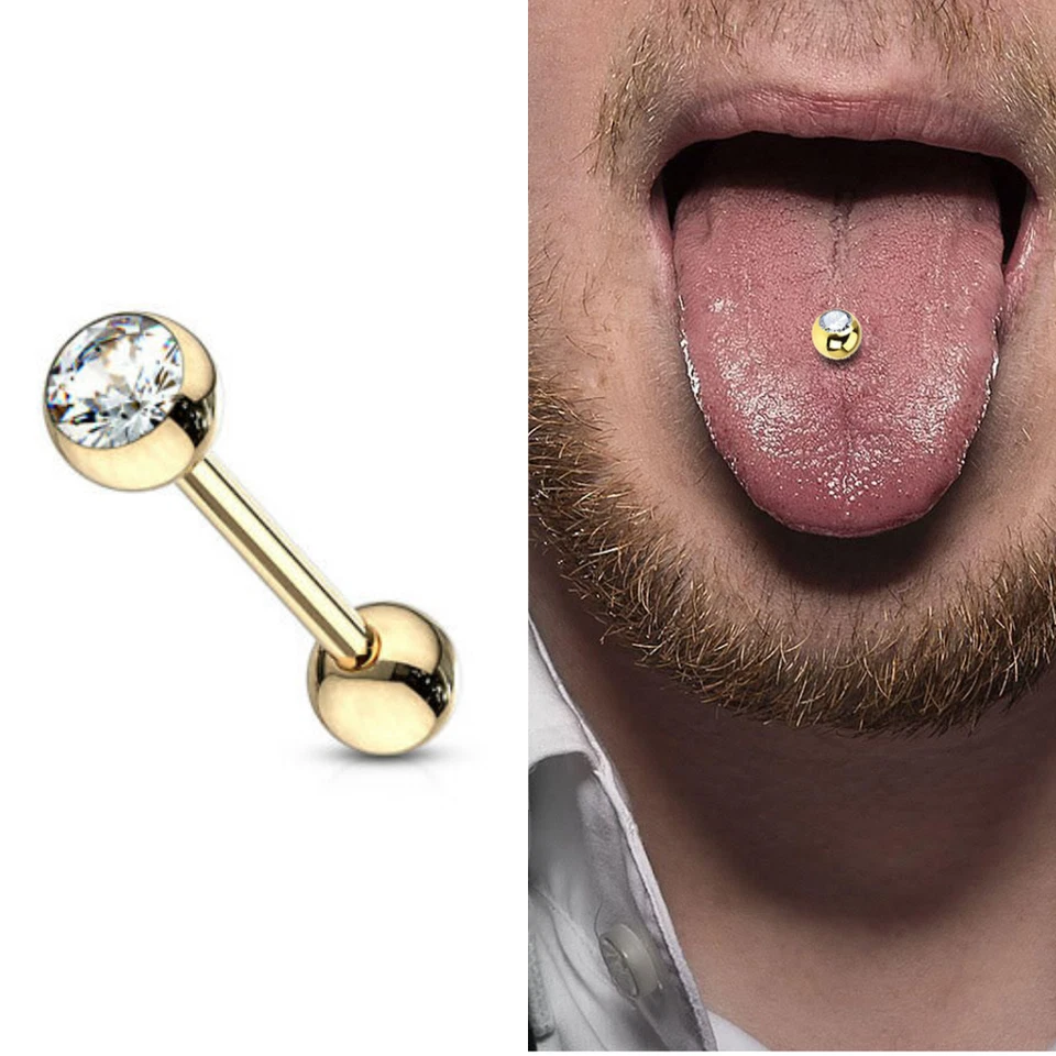 14G 14G 5/8" GEM GOLD STEEL TONGUE RING BARBELL BODY PIERCING JEWELRY 14 Gauges