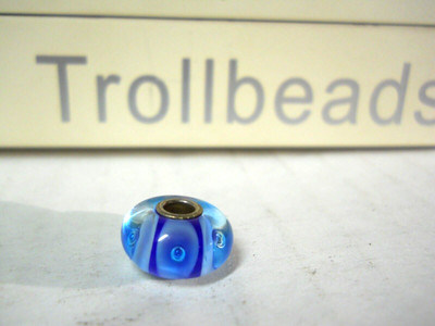 Trollbeads Elfbeads 925 Sterling Silver Core Glass BLUE STRIPE BUBBLES BEAD LAA