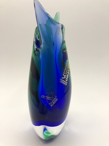Oball Murano Art Glass Bud Vase Signed Blue Green Fish Tail 6.5” - Picture 2 of 6