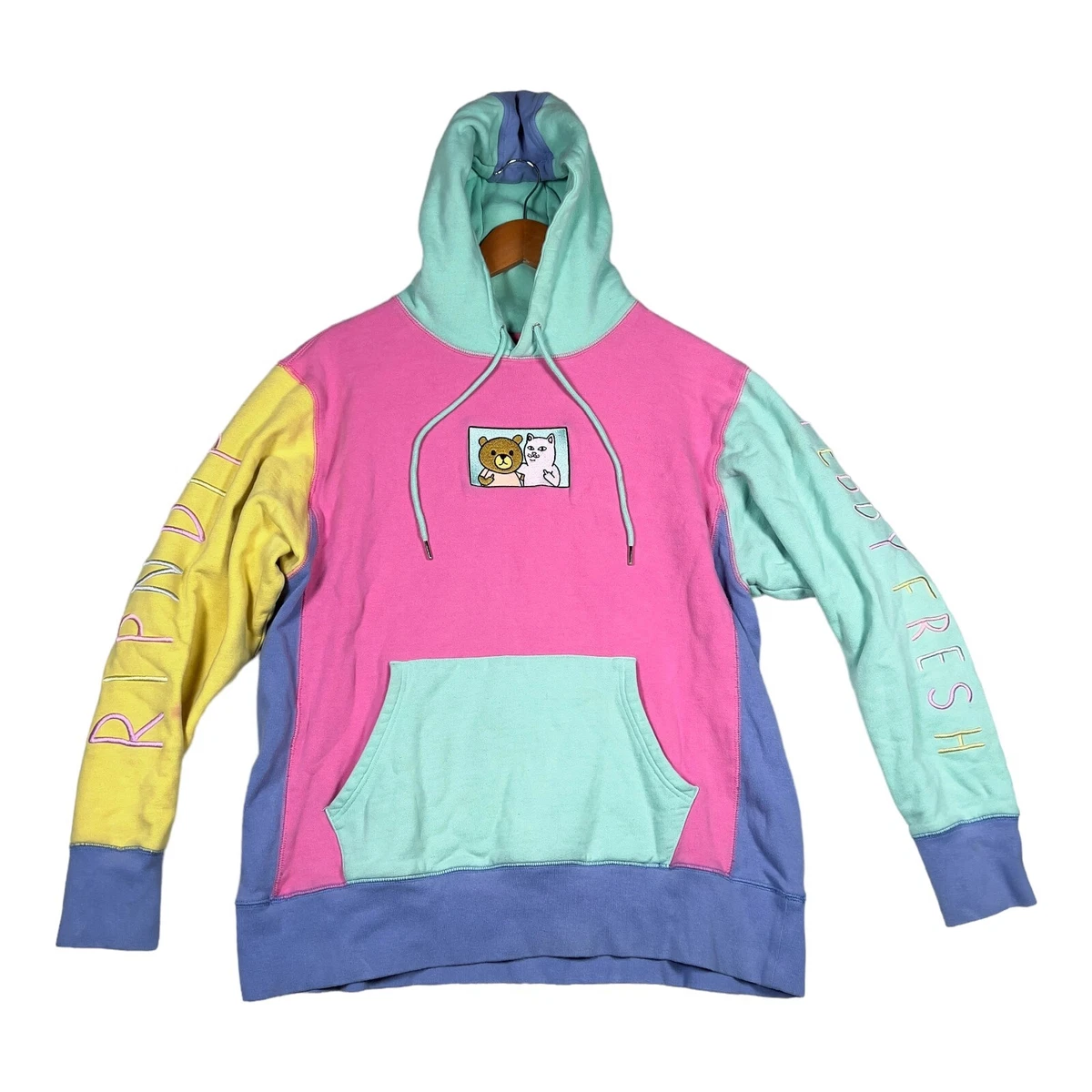 Men’s Ripndip Teddy Fresh Color-block Hoodie Sweatshirt Sz L Multicolored