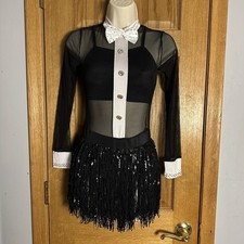 Tuxedo Black Sheer Mesh Rhinestone Embellished Sequin Fringe Dance Costume SA