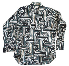 VTG 60s 70s Men Ascot Chang L Button Shirt Long Sleeves Green Blue Pocket Casual