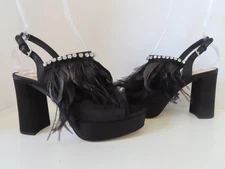 NWOB MIU MIU Black Satin/Feather & Crystals Platform Sandals 38.5/US 8.5