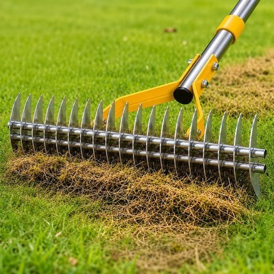 Heavy Duty 15'' Dual-Sided Thatch Rake - Steel Tines, Adjustable 70'' Handle, Deth