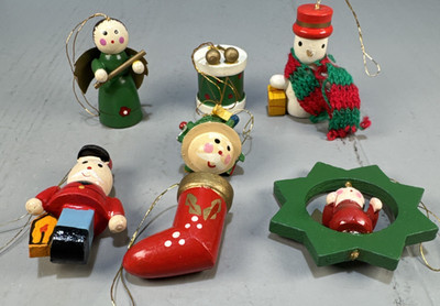 Vintage Lot of 7 Mini Wooden Christmas Tree Ornaments Painted Sizes Vary #19