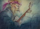 American 20th century, Vintage Watercolor Painting, Old Musician with Guitar
