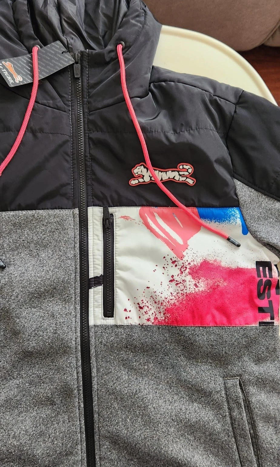 Le Tigre Collection Men's Hooded Jacket Size M Black Gray Full Zip Colorblock - product detail image 3