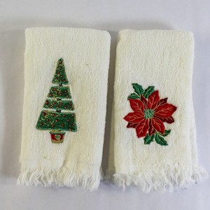 Lot of 2 Embroidered Christmas Towels - Tree & Poinsettia Holiday Decor
