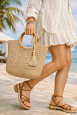 Handwoven Crochet Straw Tote Bag Neutral Beige Bamboo Handles Boho Summer