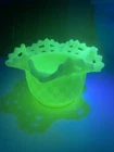 Vtg FENTON Lace Edge Basket Weave Dish Small Bowl Uranium Cream Milk Glass GLOWS