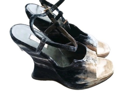 Prada FW04 Ombre Samt Plateau Wedges Sandalen 37 schwarz beige 2004 + Staubbeutel